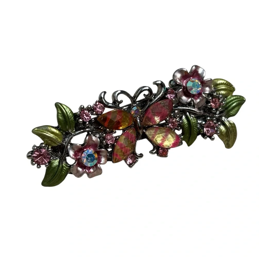 Vintage Pink Butterfly Filigree 2” Hair Clip Rhinestone Flowers Fairy Whimsical